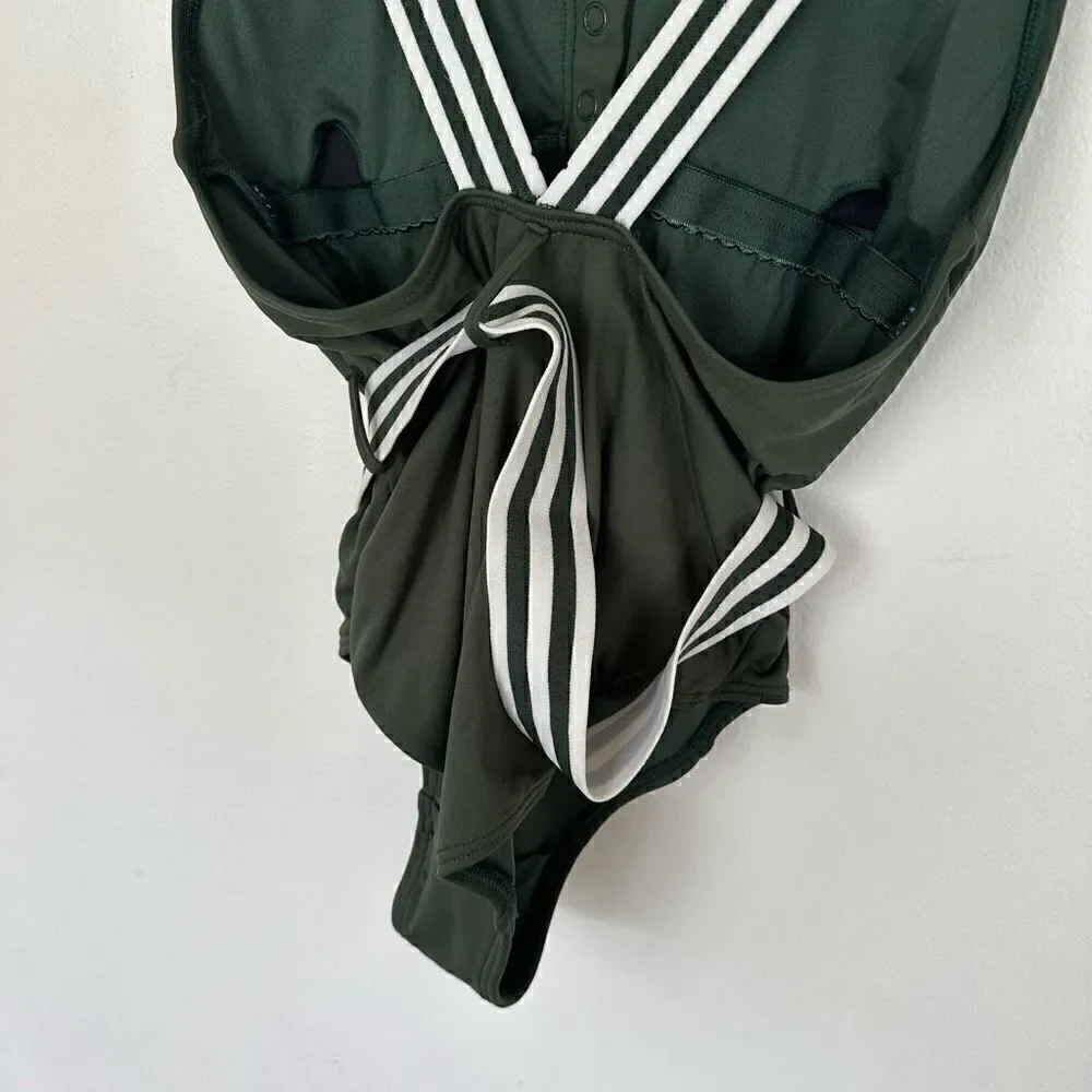 Seafolly Women's Green and White Tank Maillot Belted One Piece Swimsuit
